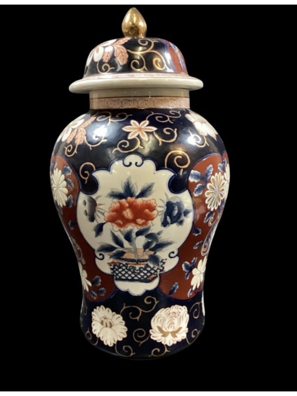 Gold Imari Hand Painted Japanese Lidded Temple Jar 20in.